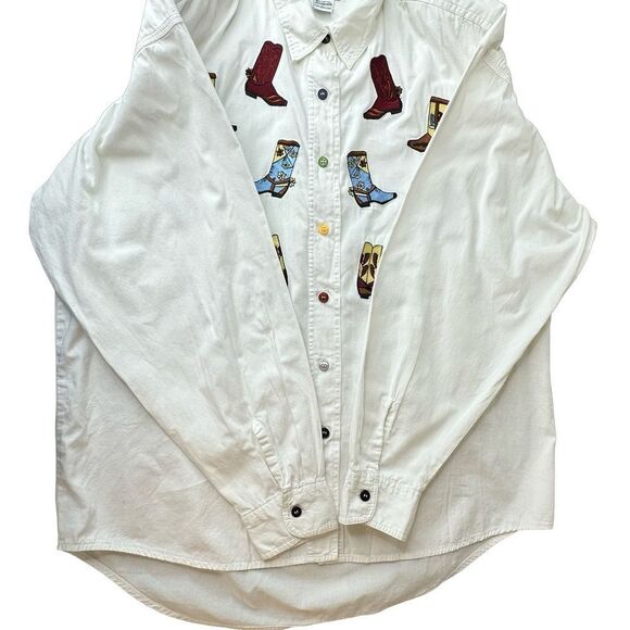 COWGIRL Fun Vintage At Last Brand Button Front White Embroidered Shirt Sz Large - Picture 12 of 16